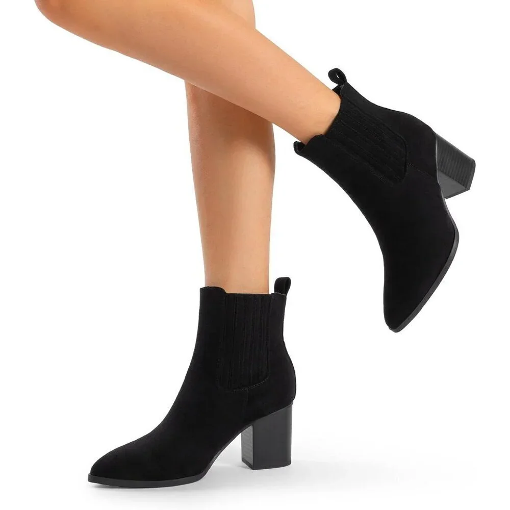 Women's Black-suede Pointed Toe Ankle Boots Chunky Block Heel Bootie Fall